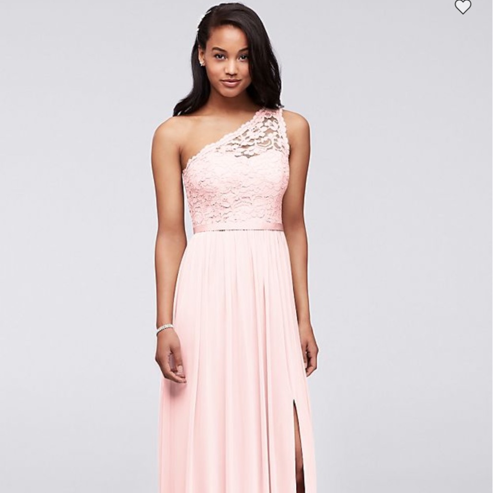 David's Bridal Bridesmaid One Shoulder Lace Mesh Dress - Petal Pink, Size 6